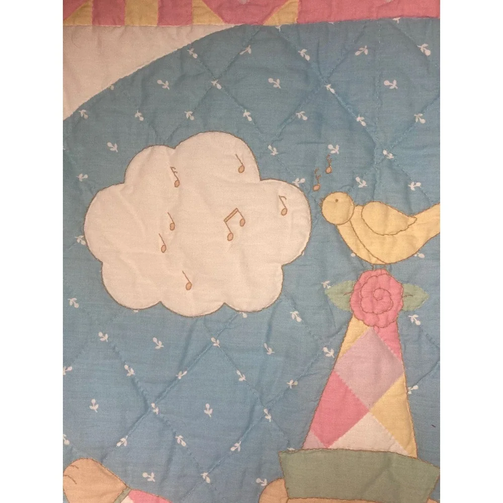 Vintage Hand Quilted Nursery Quilt Clown &‎ Animals Pastel Crib Wall Hanging